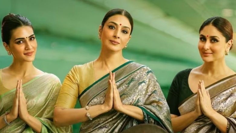 crew movie characters Divya Rana(Kriti Sanon), Geeta Sethi (Tabu) and Jasmine Kohli (Kareena Kapoor) and they are smiling